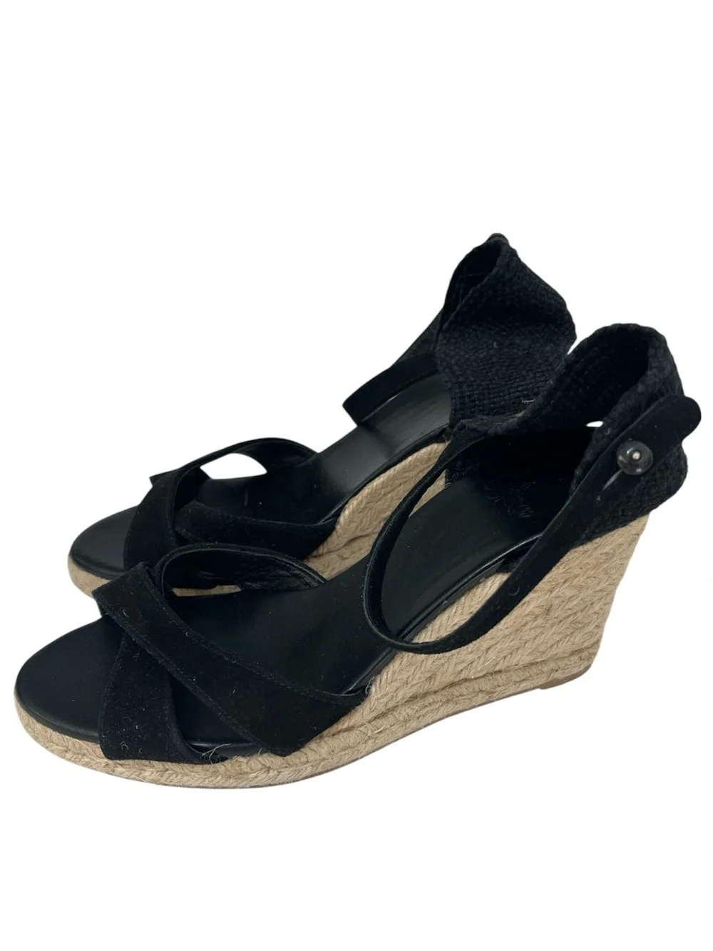 Castaner Spain Black Suede Espadrilles Wedge Button Ankle Strap Sandals 38